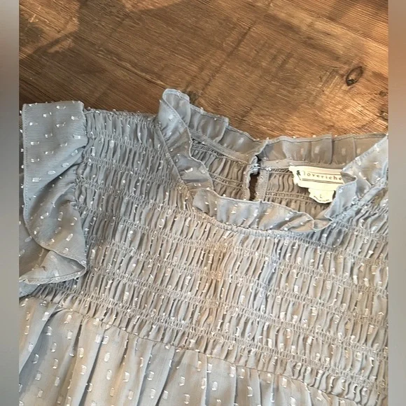 Love Riche Blue Gray Smocked Dress. Sheer Chiffon Long Sleeve Women’s Sz-L. EUC - Picture 3 of 9